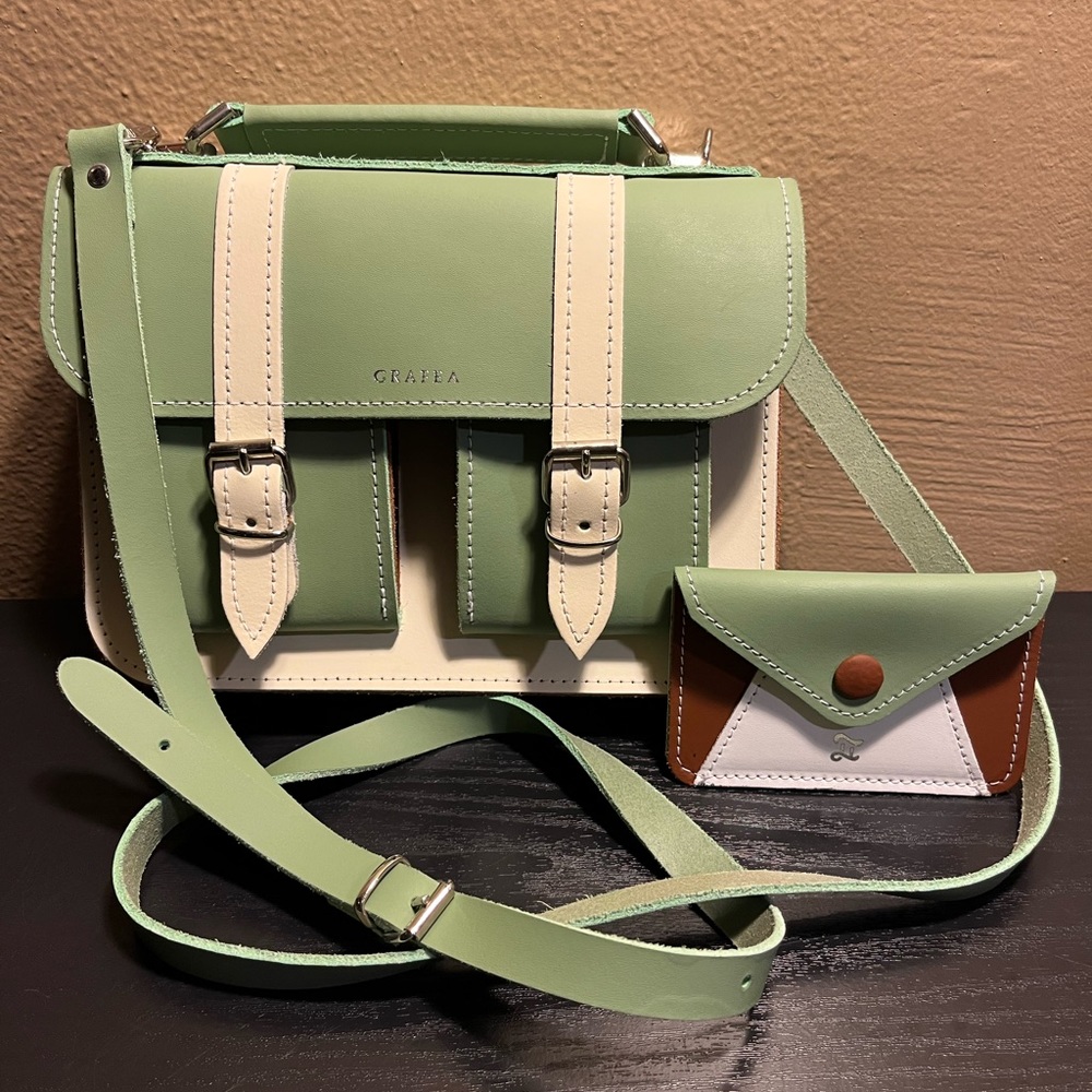 Grafea micro green and off white leather crossbody bag and matching card holder